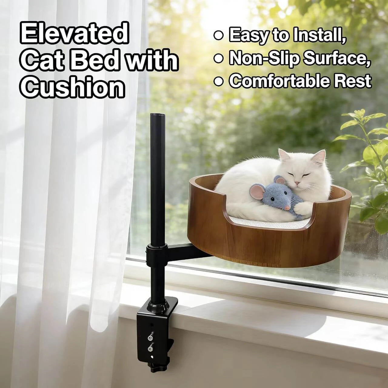 Height-Adjustable Pet Perch for Cats - Wooden Frame, Clamp Mount, Brown Rest Bed