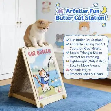 Folding Easel Cat Scratcher: Claw Grinding, Cartoon Design, Wooden Frame (Colorful)