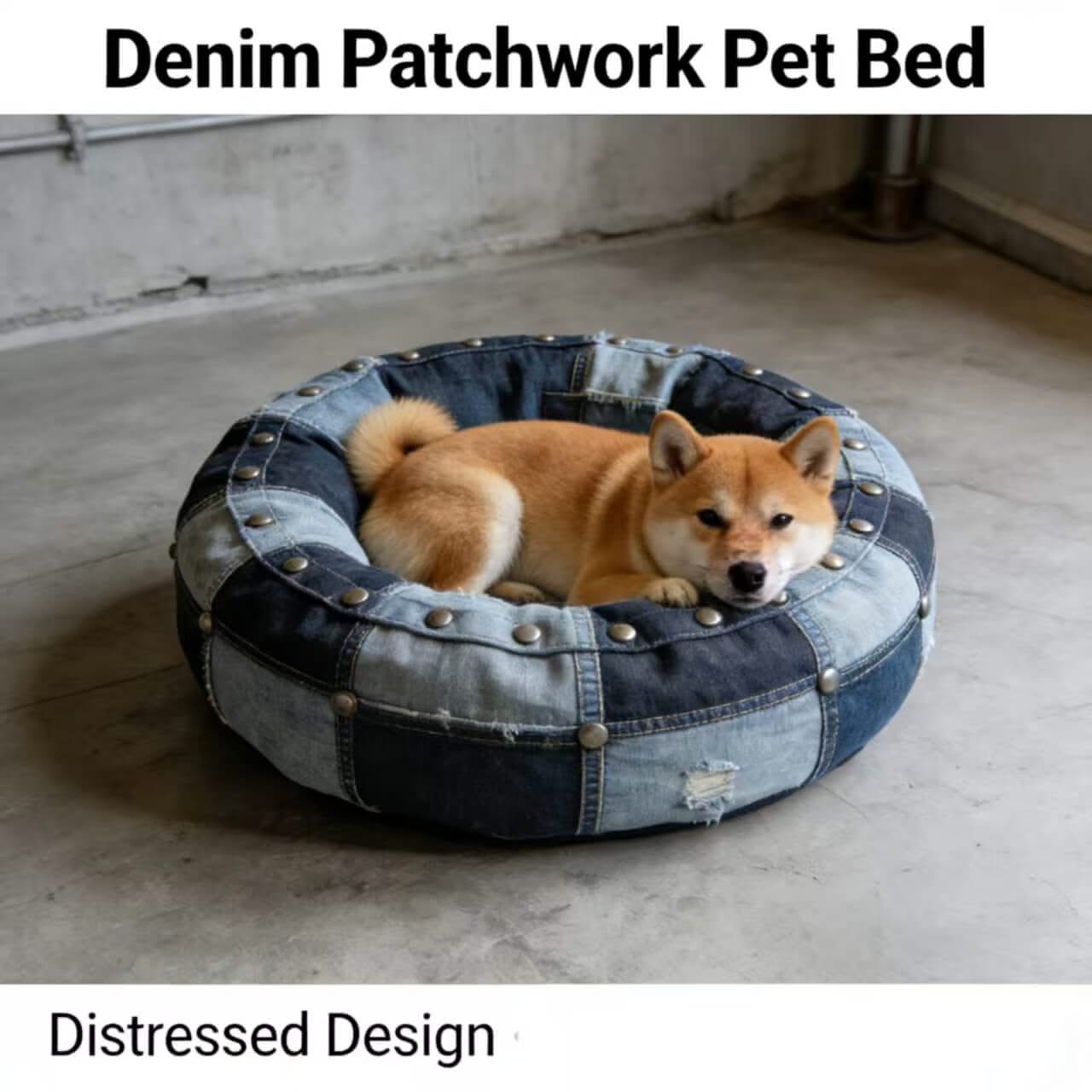 Denim Patchwork Dog Bed , Distressed Studded Design for Small-Medium Dogs