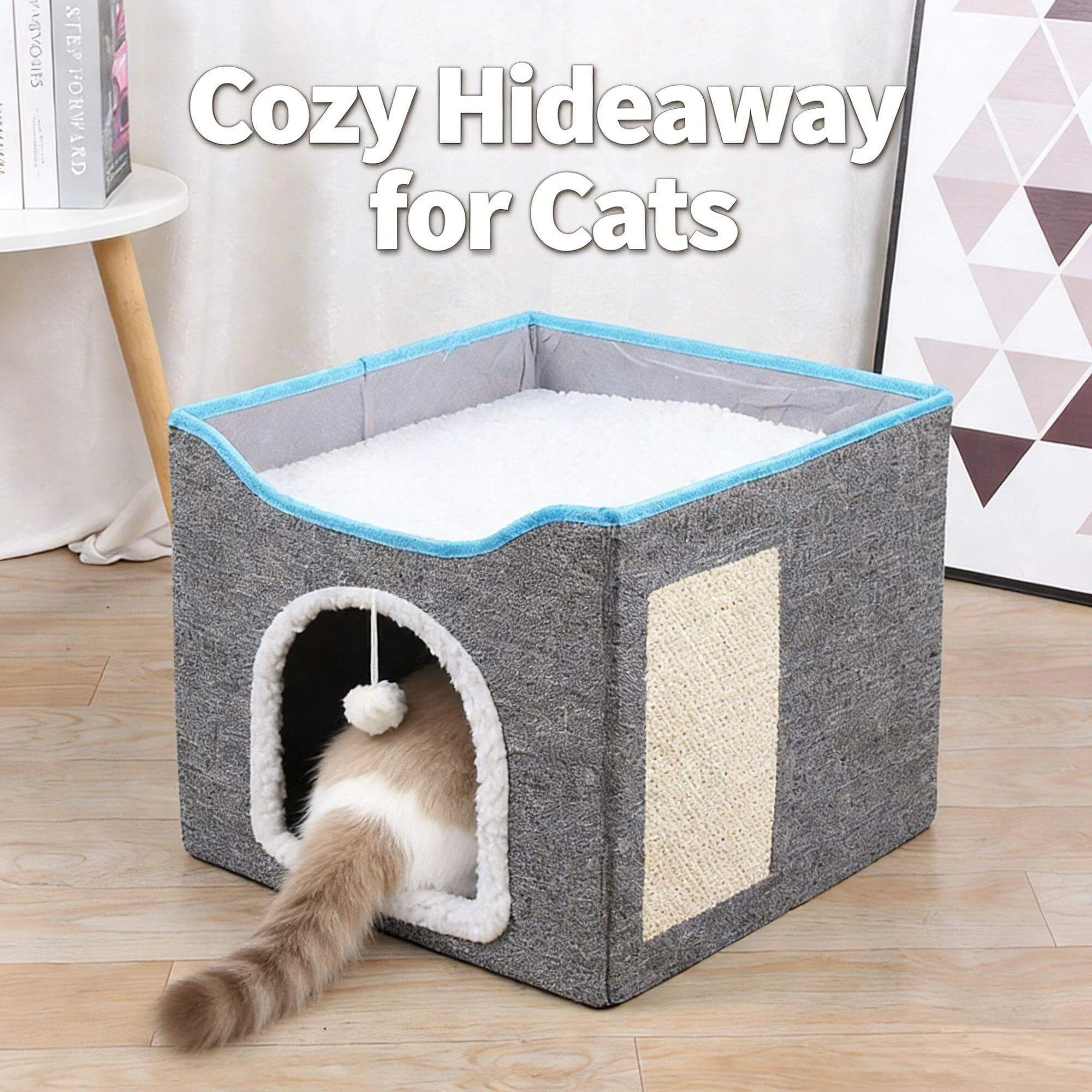 "Foldable Multi-Functional Cat Bed for Cats – Sturdy, Interactive Toy, Scratching Pad, Cozy Hideaway (Gray)"