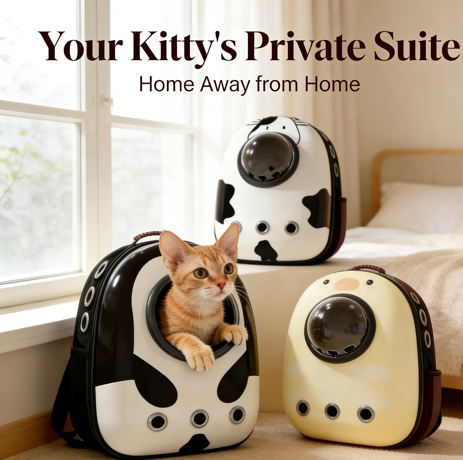 Breathable 360° View Pet Backpack Carrier for Cats, Cartoon Cow/Chicken Space Capsule