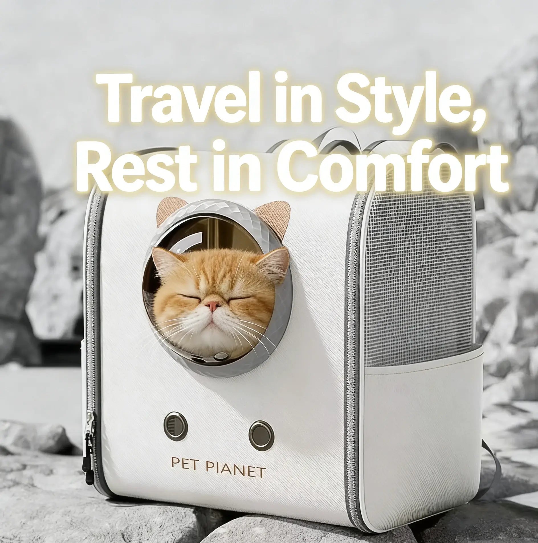 Breathable Panoramic Pet Backpack Carrier for Cats, White Cat Ear Space Capsule