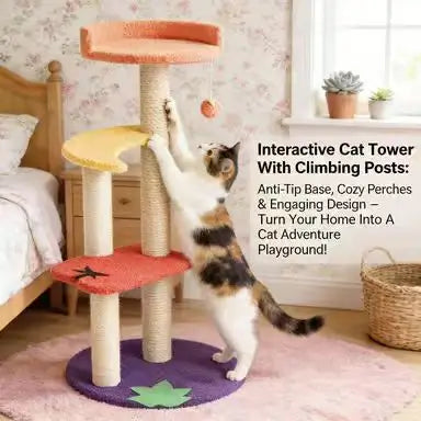 Colorful Cat Scratcher Tree: Multi-Level, Interactive Toy, Sisal Posts (Orange-Red)