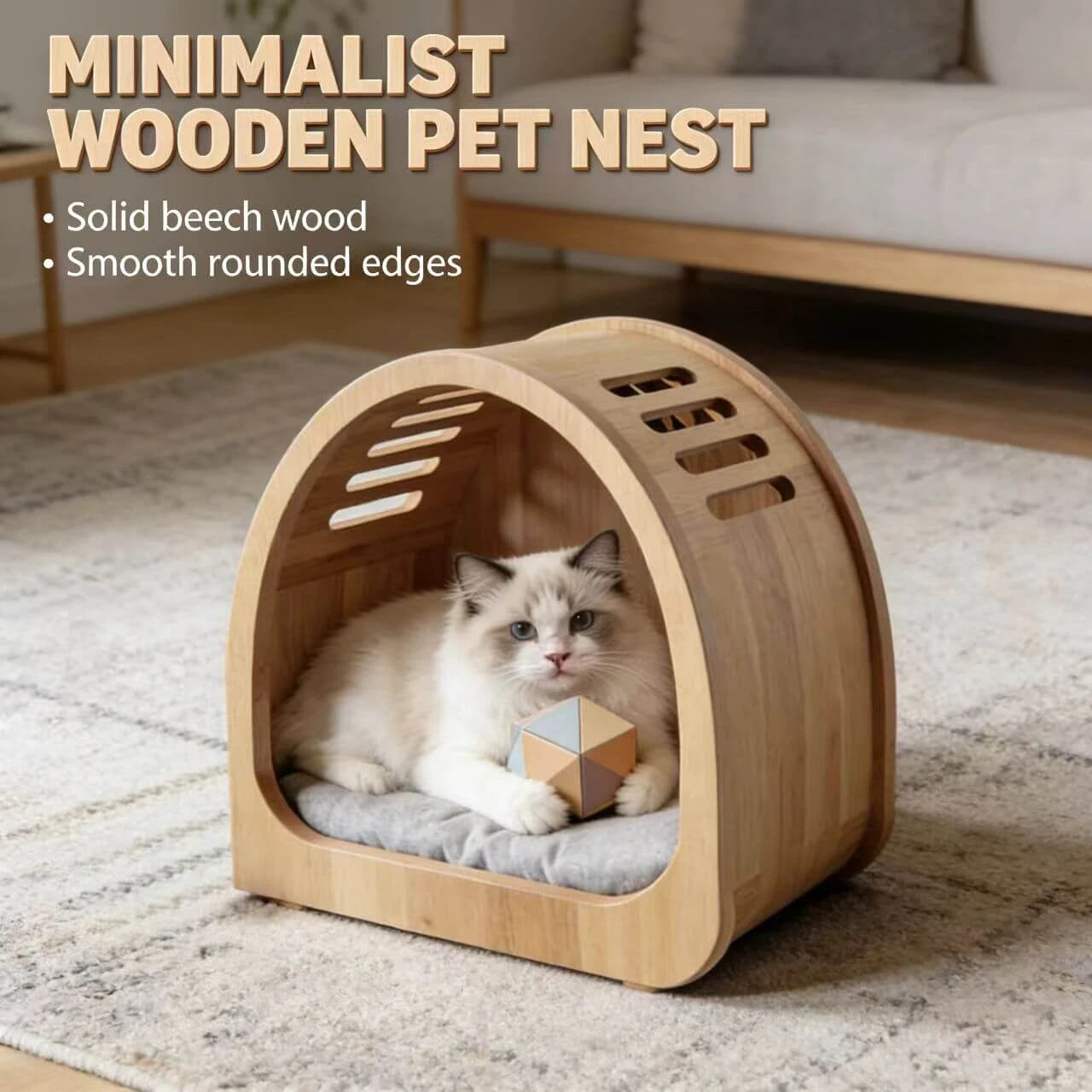 Minimalist Cat Bed with Air Vents - Light Wood, Cozy Hideaway, Premium Pet Furniture