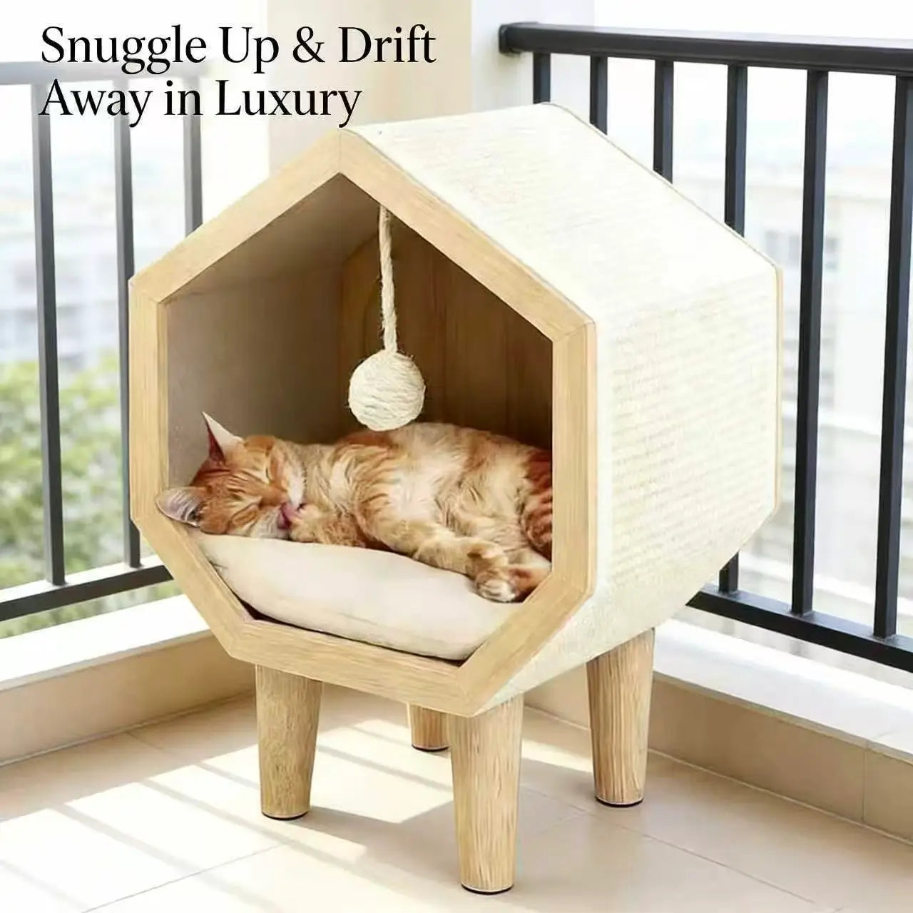 Hexagonal Wooden Cat Cave & Scratcher: Elevated Hideaway with Cushion & Toy, Modern Furniture for Indoor Cats