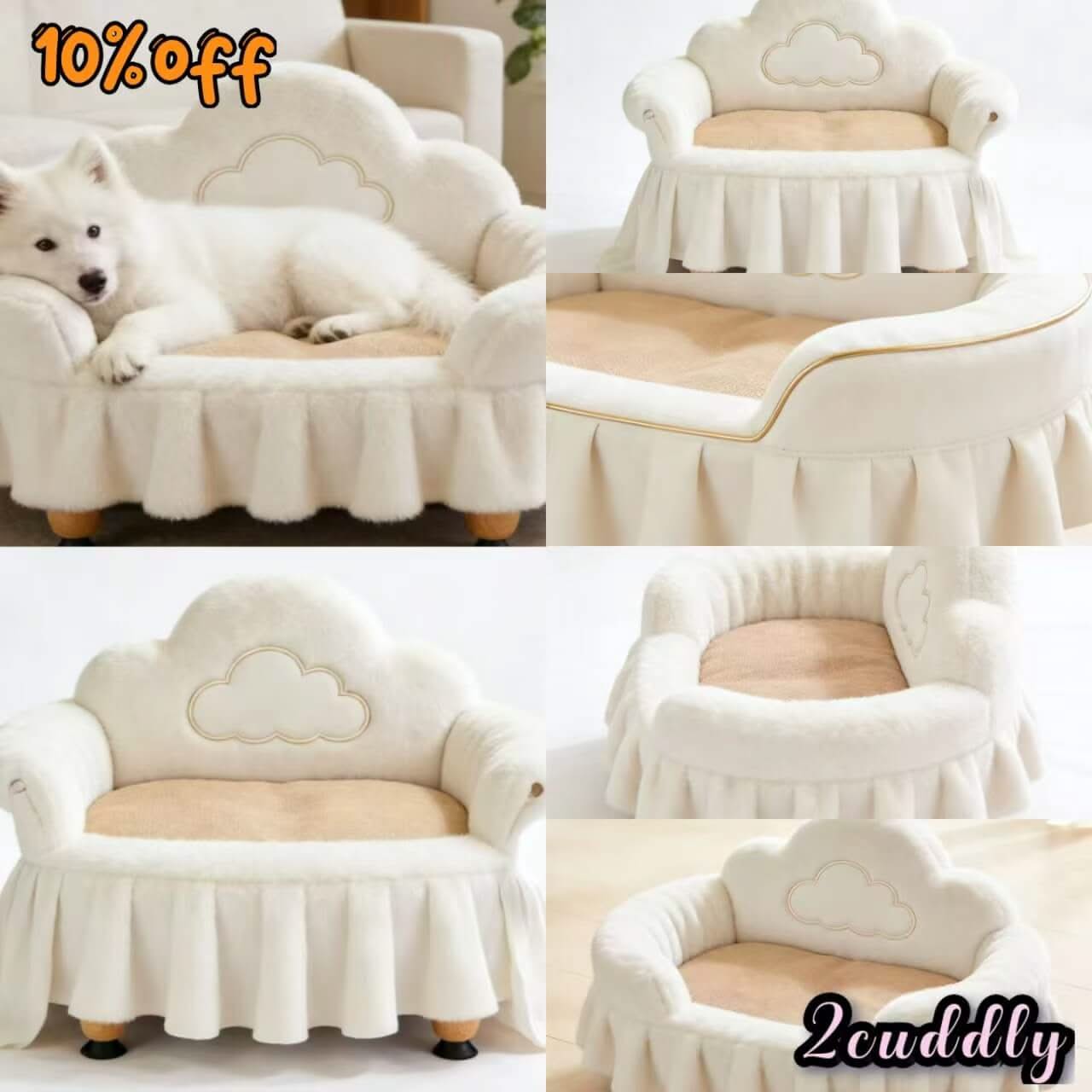 Dreamy Cloud-Shape Pet Bed for Dogs - White Fluffy Ruffled, Cloud Detail, Wood-Like Legs