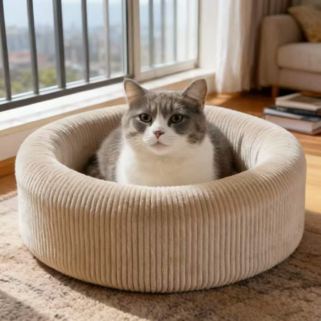 Corduroy Pet Bed for Cats - Beige, Round, Soft Fabric, Cozy Cushion, All-Season