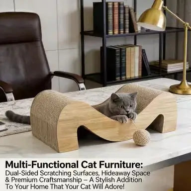 Wavy Wooden Cat Scratcher: Durable Surface, Ergonomic Design, Natural Oak (Beige)