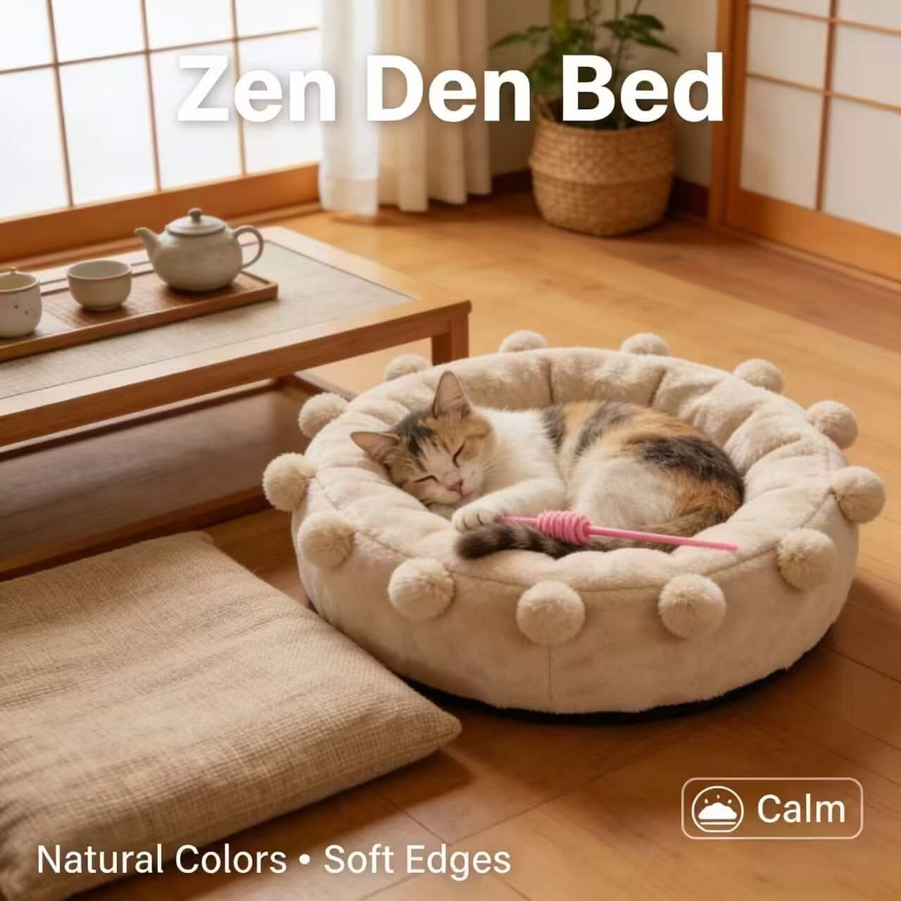 Fluffy Comfort Pet Bed for Cats- Pom-Pom Decor, Plush Fleece, Beige, All-Season