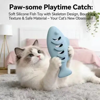 Chewable Interactive Cat Toy: Fish Skeleton Shape, Light Blue Silicone Material