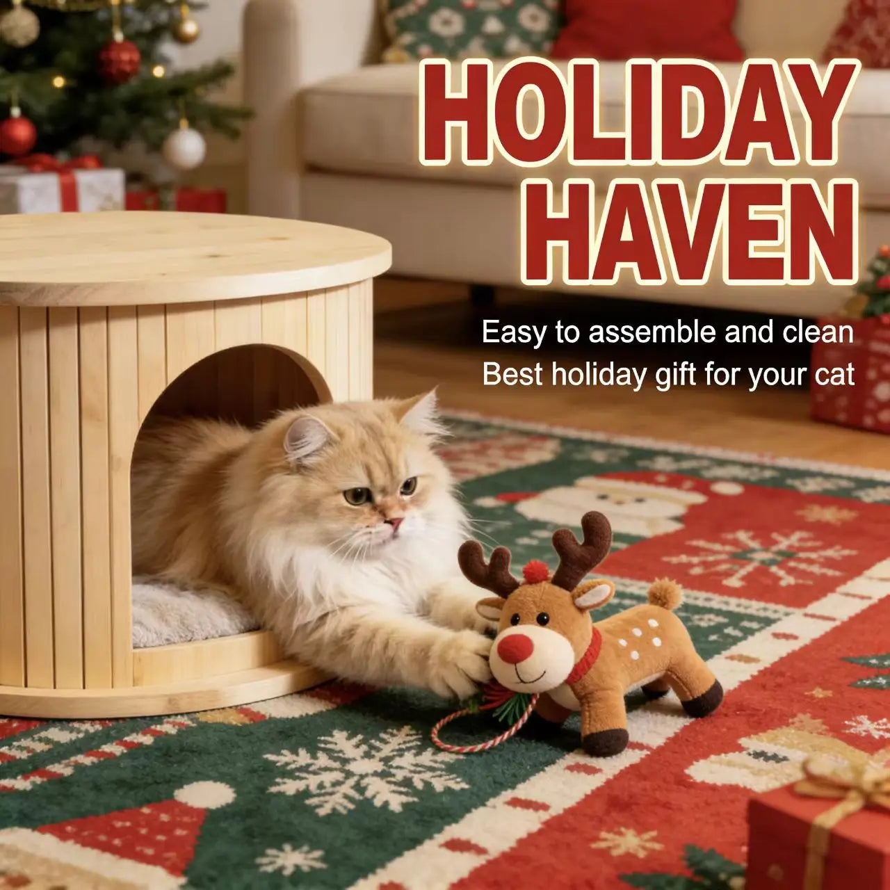 Multi-Functional Cat Cave - Natural Wood, Removable Cushion, Pet Furniture