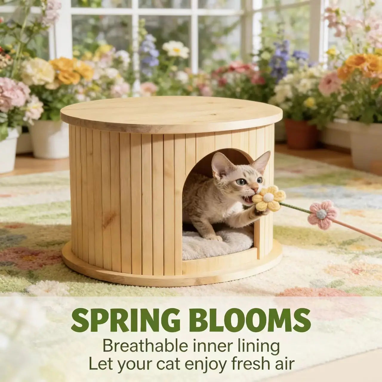 Multi-Functional Cat Cave - Natural Wood, Removable Cushion, Pet Furniture