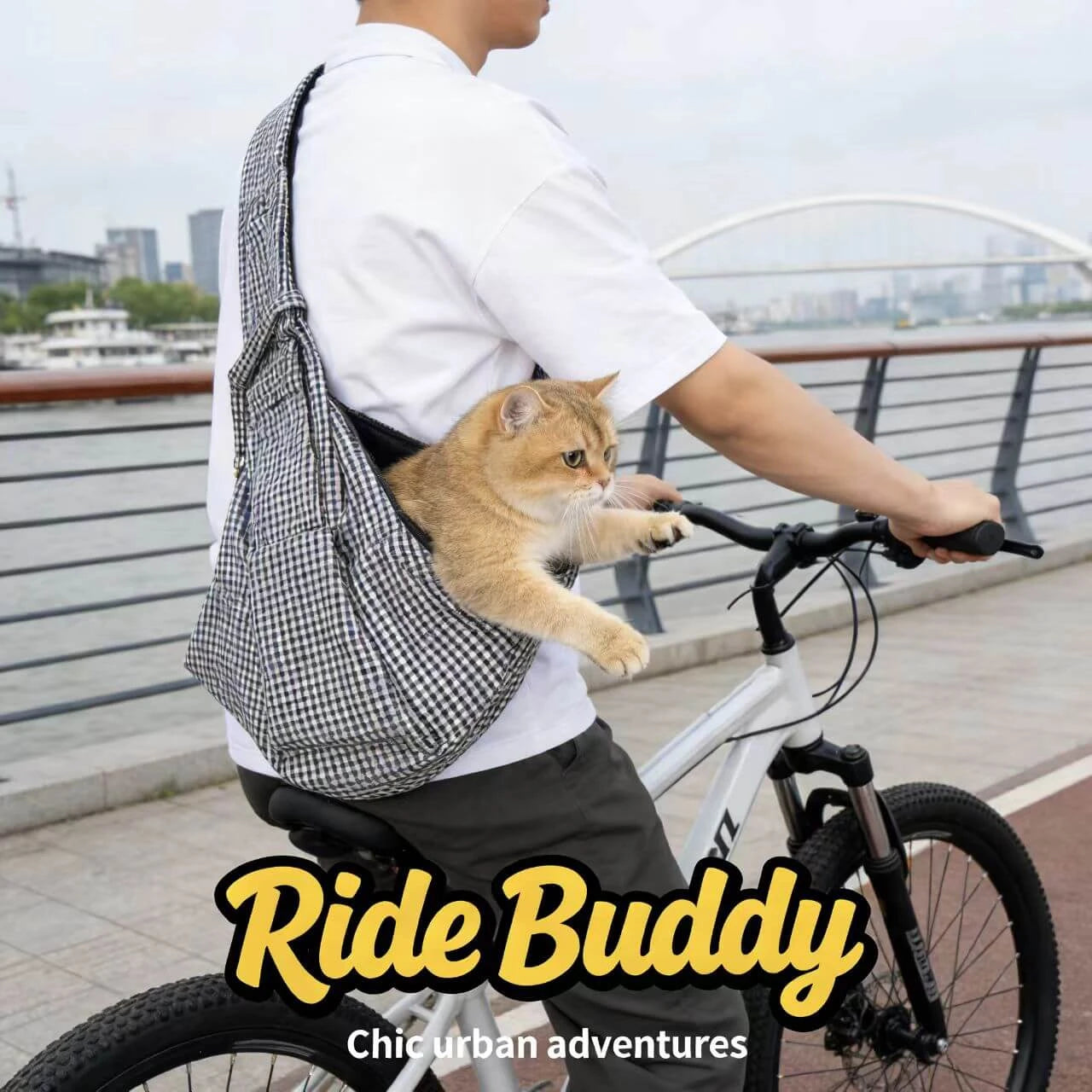 Travel Pet Sling Carrier - Lightweight Fabric, Checkered, Black & White