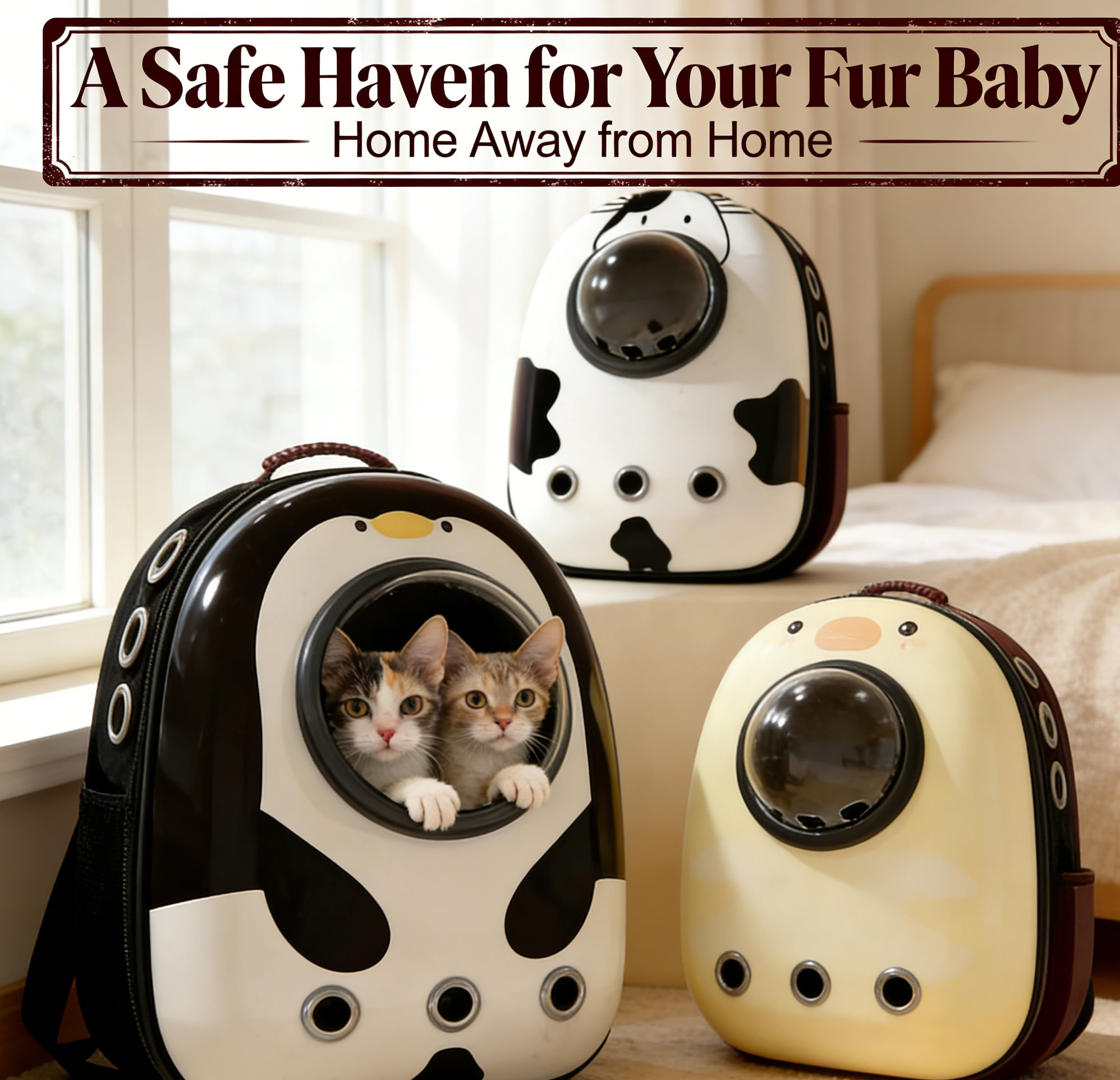 Breathable 360° View Pet Backpack Carrier for Cats, Cartoon Cow/Chicken Space Capsule