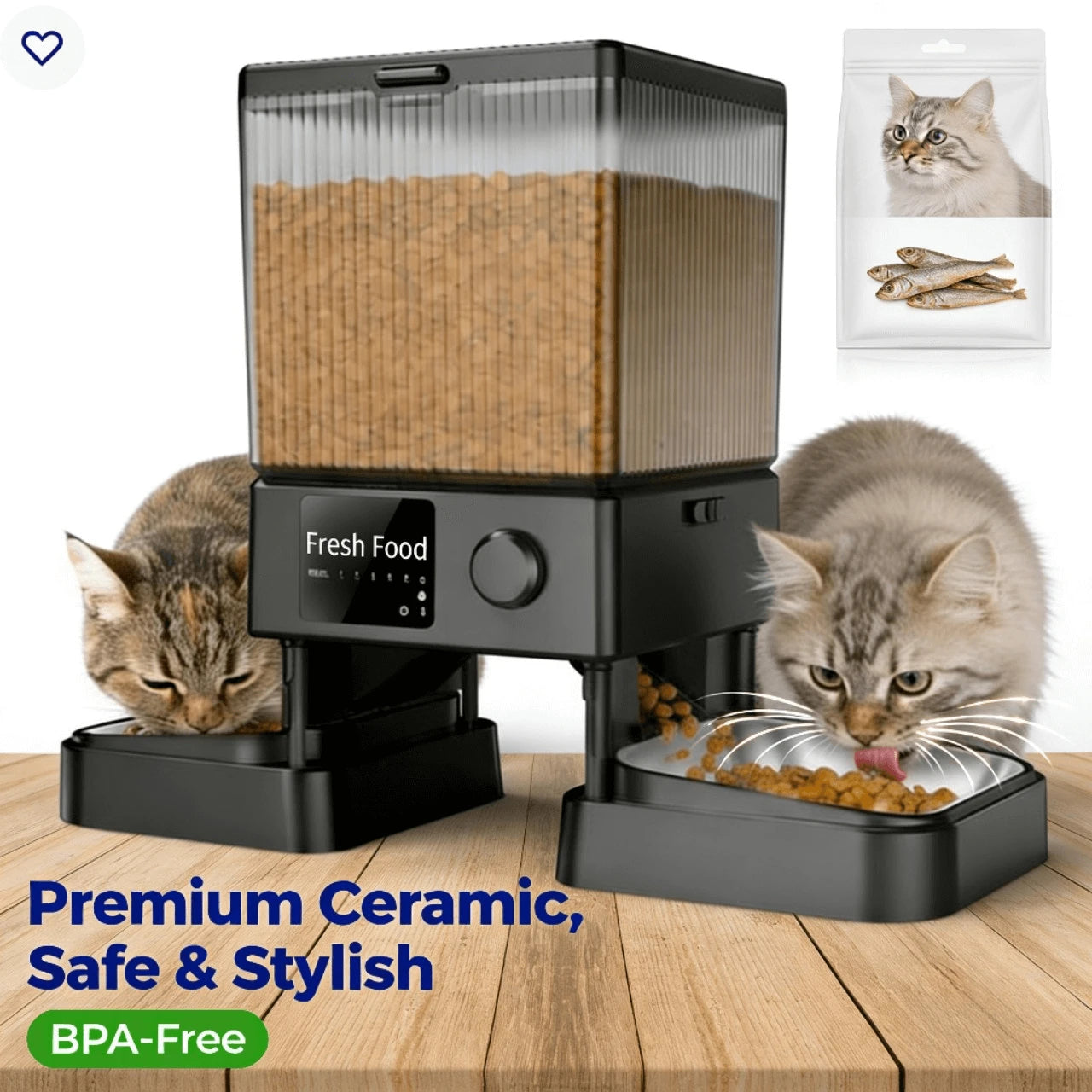 5G WiFi Remote Dual-Bowl Smart Feeder for Cats – Timed Feeding, Dual Power Supply, White