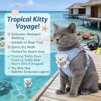 Escape-Proof Cat Harness: Adjustable Fit, Plush Bear Accent (Light Blue)