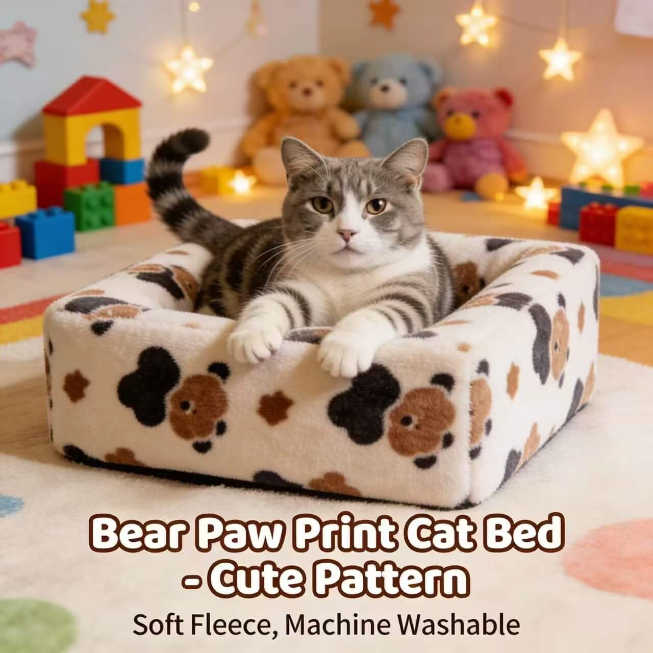 Paw-Print Pet Bed for Cats - White-Brown-Black, Plush, Square, Cozy Cushion, All-Season