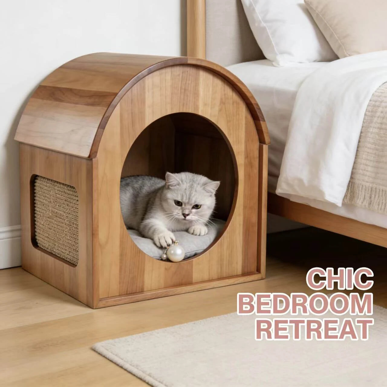 Modern Cat Cave with Scratching Pad - Removable Cushion, Premium Pet Furniture