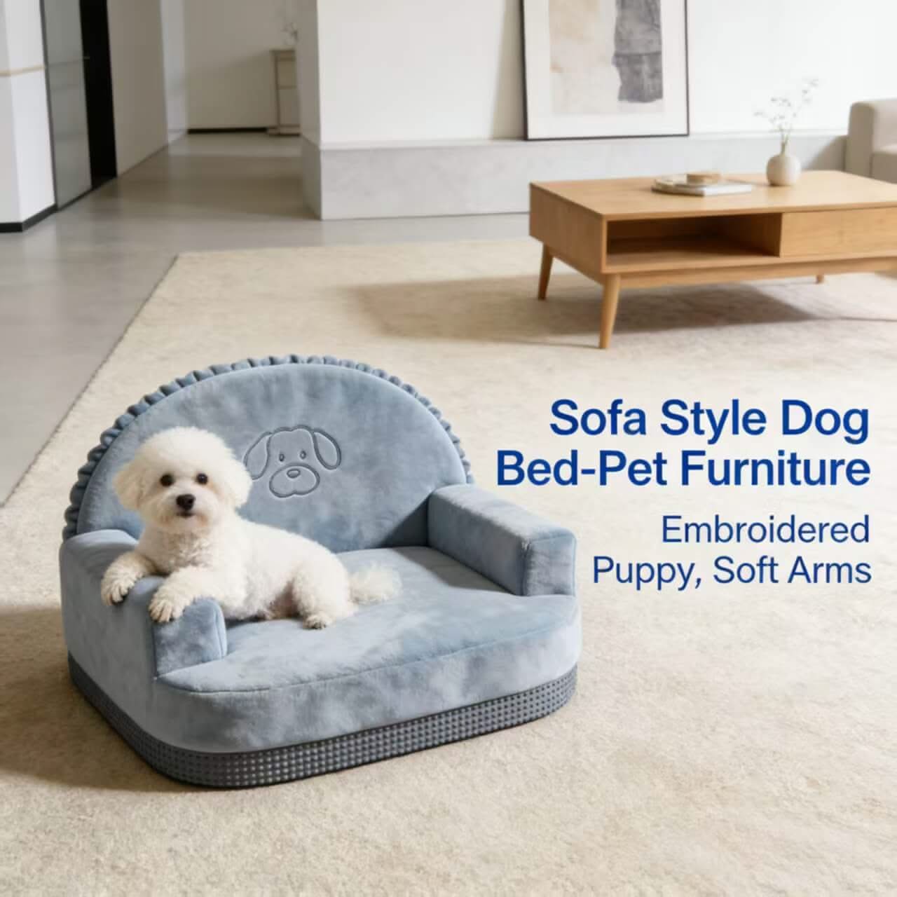 Sofa Style Dog Sofa, Embroidered Puppy Soft Arms Light Blue for Small Dogs