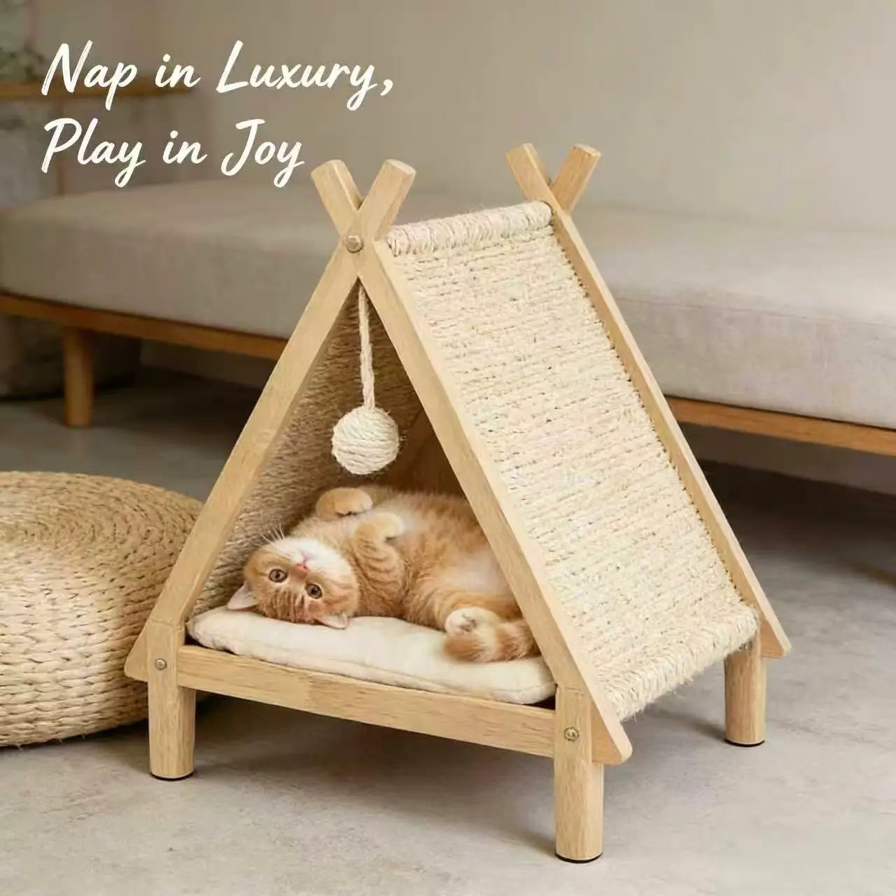 2-in-1 Wooden Cat Teepee & Scratcher: Triangle Hideaway with Cushion & Toy, for Indoor Cat Comfort