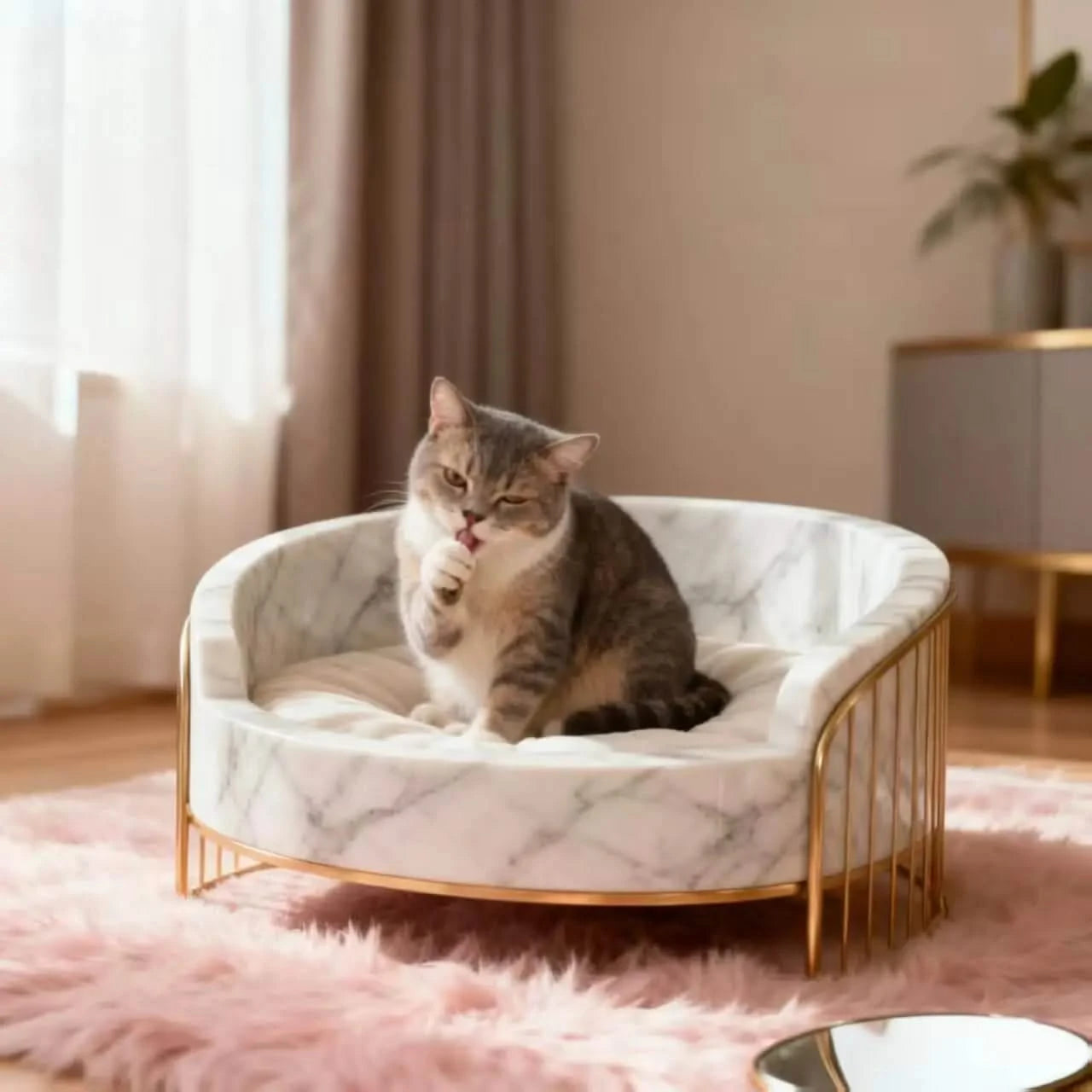 Cat Sofa, Couch Shape, Plush Material, White/Gold Metal Frame, Elegant Seat, All-Season