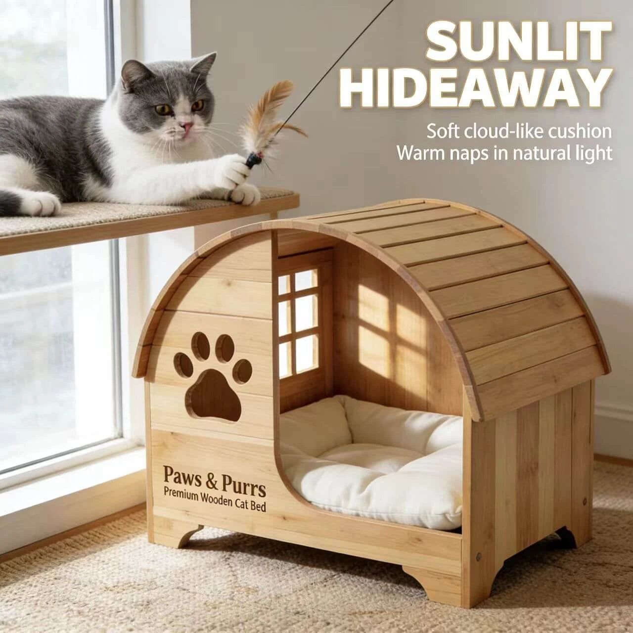 Rustic Cat House with Paw Cutout - Windowed, Removable Cushion, Pet Furniture