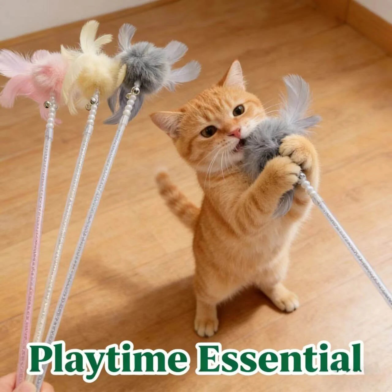 Interactive Cat Teaser Wand - Feather & Pom-Pom, Sparkle Stick, Multi-Color
