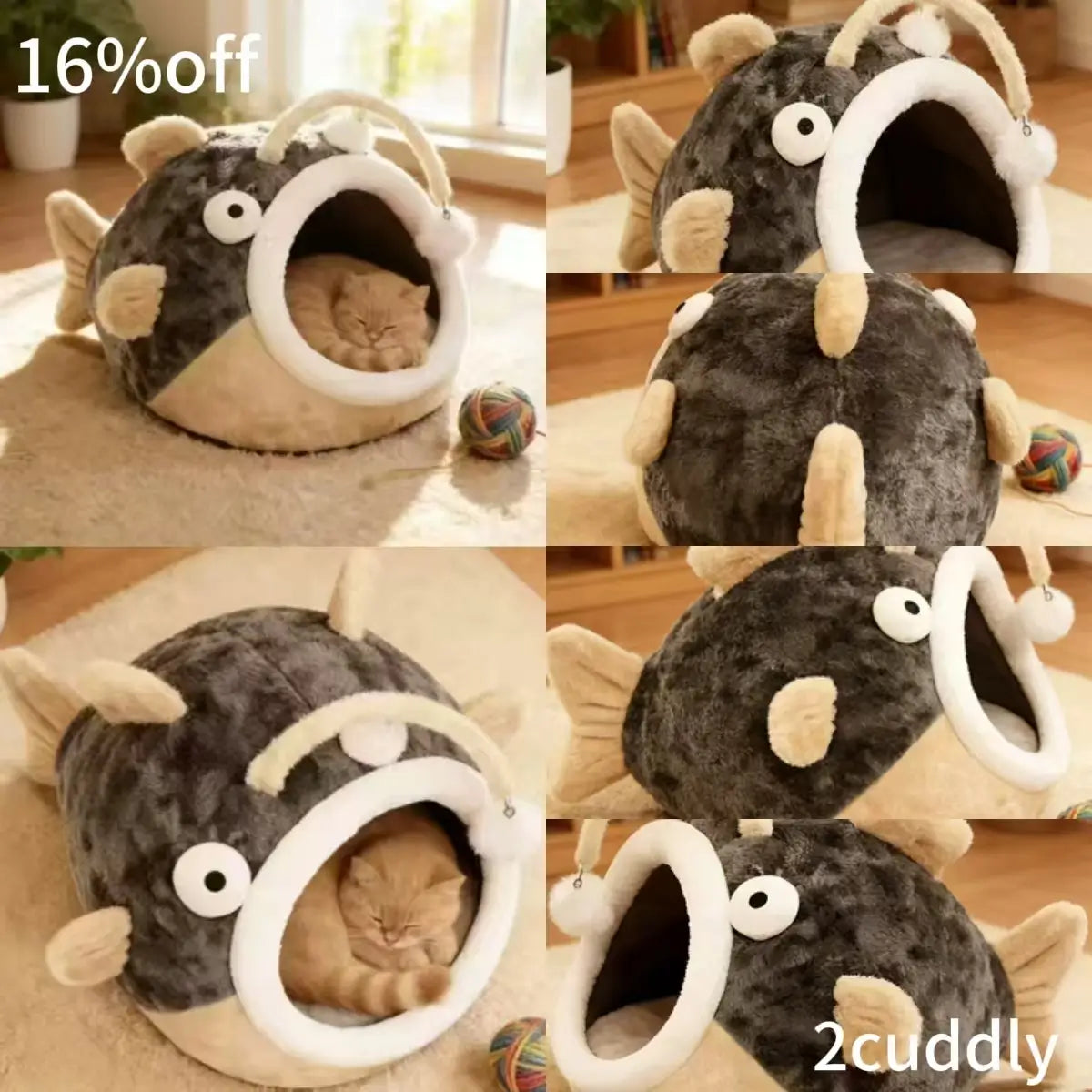 Plush Pet Cave Bed, Fish-Style, Brown/Gray, Secure, Comfortable Sleeping Bed for Cats