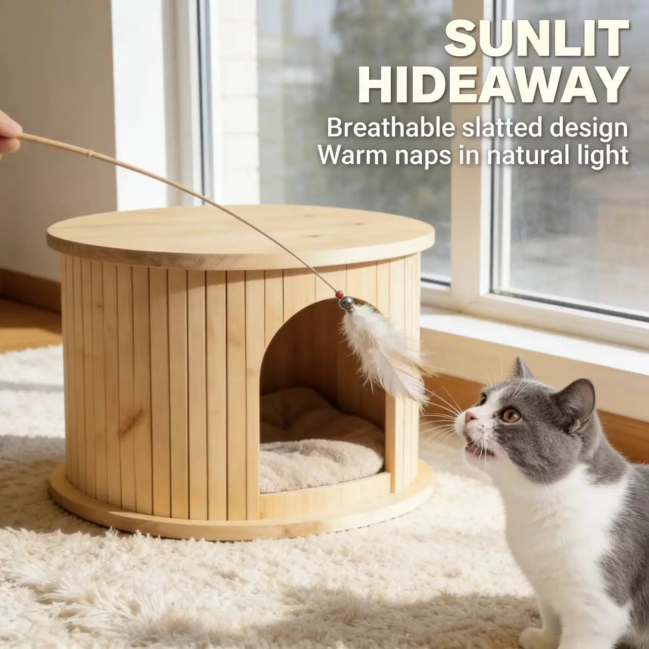 Multi-Functional Cat Cave - Natural Wood, Removable Cushion, Pet Furniture