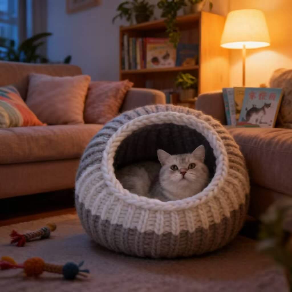 Two-Tone Knit Pet Cave Bed for Cats - Gray-White, Cozy Hiding Spot, Soft Cushion