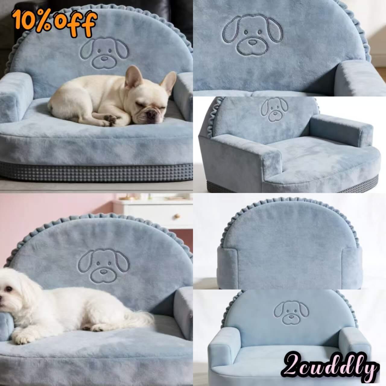 Sofa Style Dog Sofa, Embroidered Puppy Soft Arms Light Blue for Small Dogs