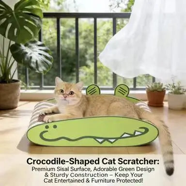Crocodile Cat Scratcher: Sisal Surface, Cute Animal Design, Rest & Scratch (Green-White)
