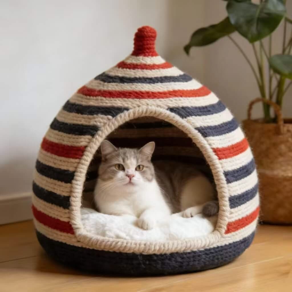 Striped Crochet Pet Cave Bed for Cats - Red-Navy-Cream, Pom-Pom Top, Cozy Hiding Spot