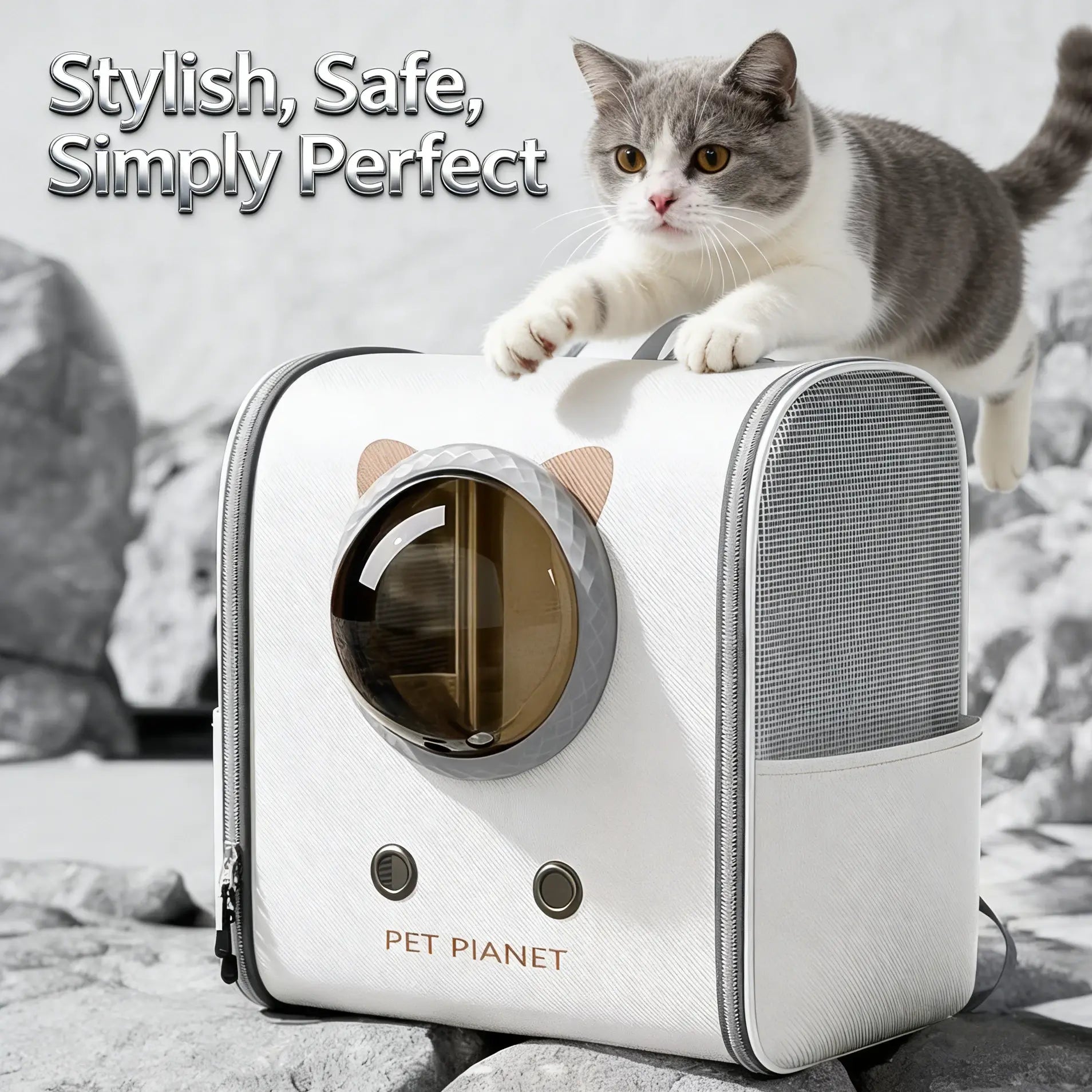 Breathable Panoramic Pet Backpack Carrier for Cats, White Cat Ear Space Capsule