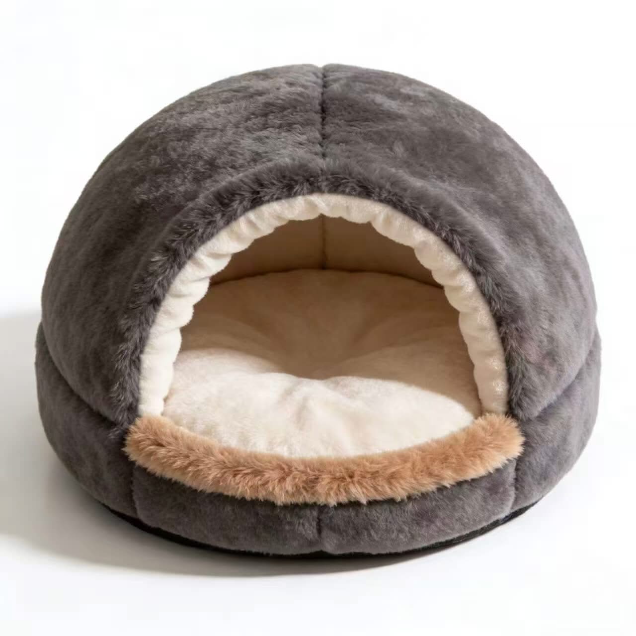 Cozy Pet Cave Bed for Dogs - Plush, Two-Tone, Gray-Beige, Warm Hiding Spot, All-Season