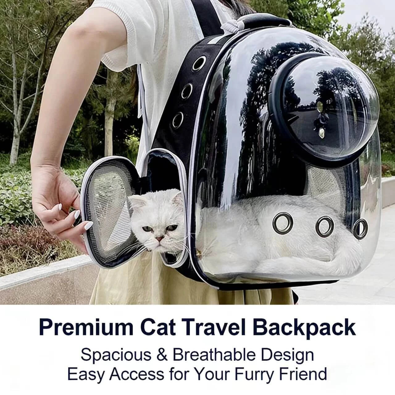 Space Capsule Cat Backpack - Transparent Panel, Lightweight, Black