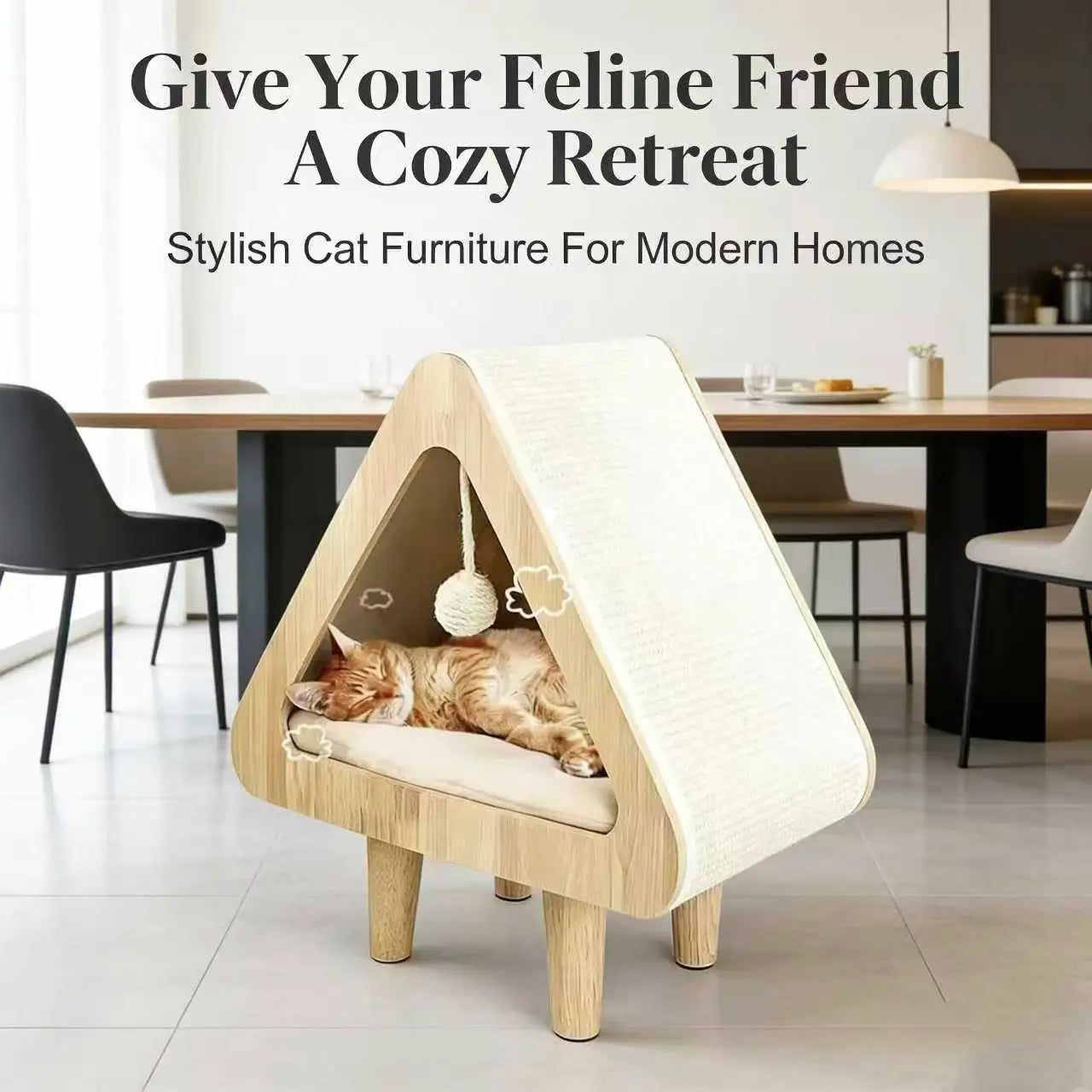 2-in-1 Wooden Cat Cave & Scratcher: Elevated Triangle Hideaway with Cushion & Toy, for Indoor Cat Comfort