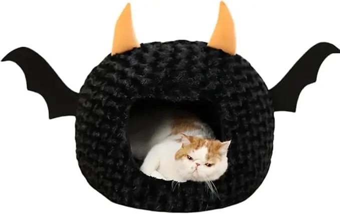 Funny Halloween Bat Cat Cave Bed: Warm, Ultra-Soft Plush, Removable Cushion