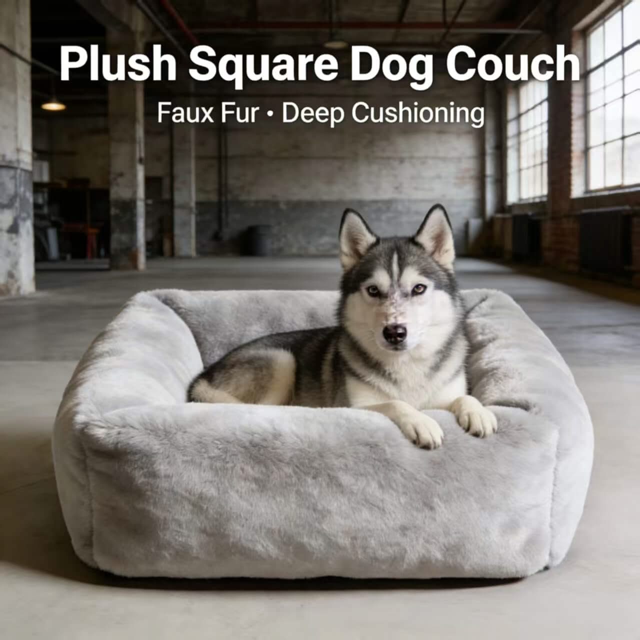 Plush Square Dog Sofa , Faux Fur Deep Cushioning Gray for Small-Medium Dogs