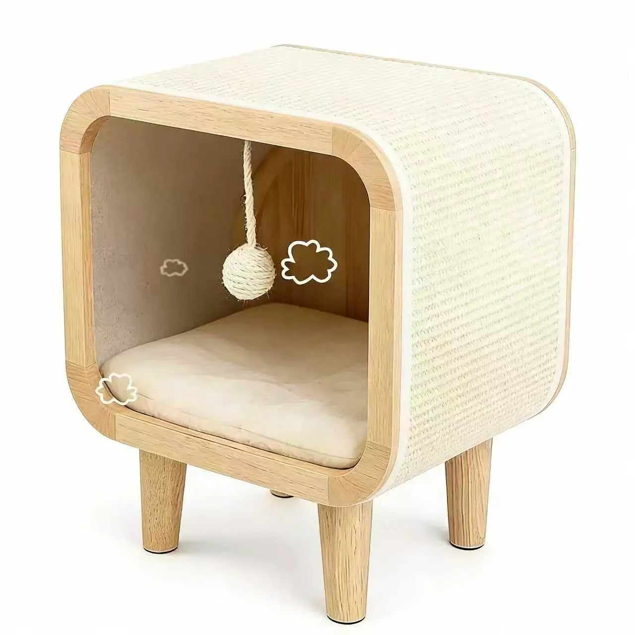 Square Wooden Cat Cave & Scratcher: Elevated Hideaway with Cushion & Toy, Modern Furniture for Indoor Cats
