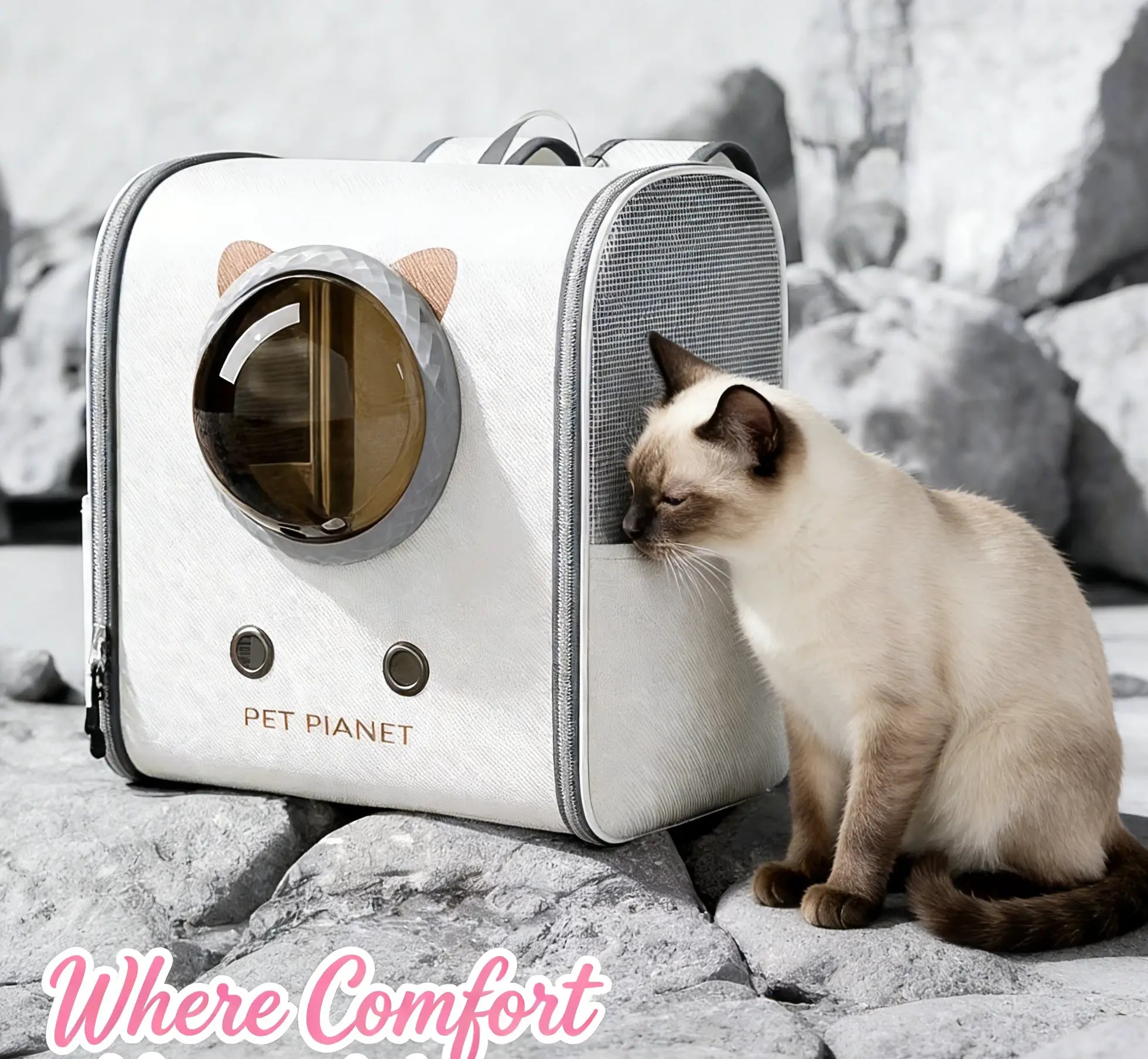 Breathable Panoramic Pet Backpack Carrier for Cats, White Cat Ear Space Capsule