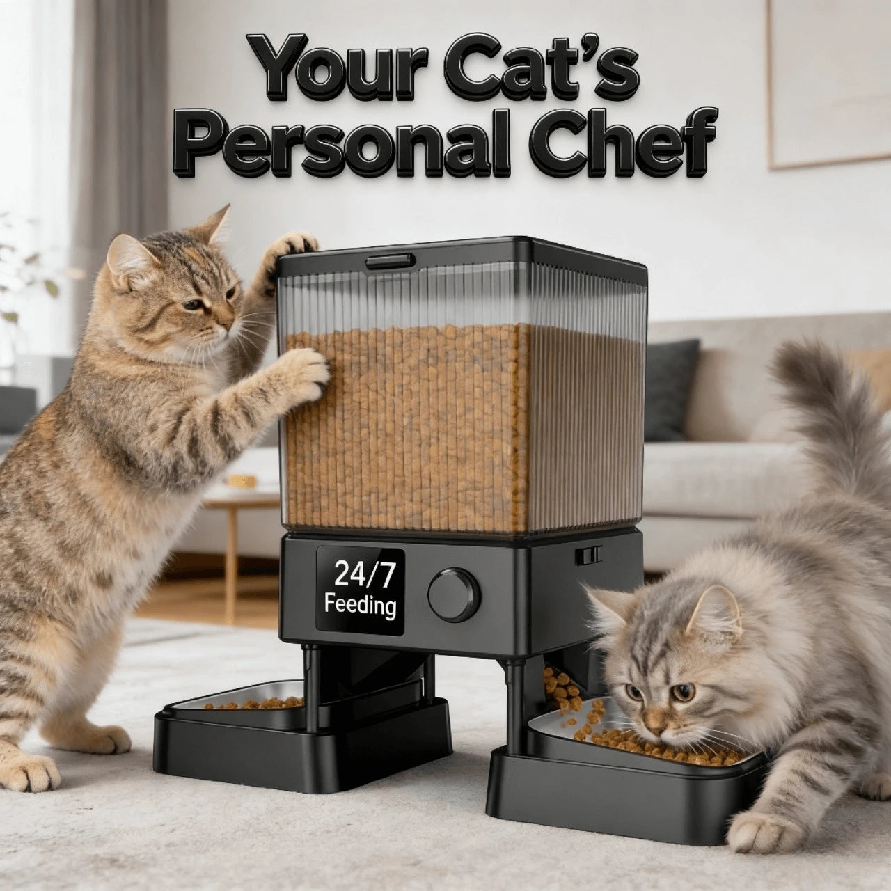 5G WiFi Remote Dual-Bowl Smart Feeder for Cats – Timed Feeding, Dual Power Supply, White