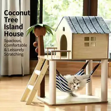 House-Style Cat Scratcher Tree: Rest & Scratch, Hammock, Wooden Frame (Beige-Blue)