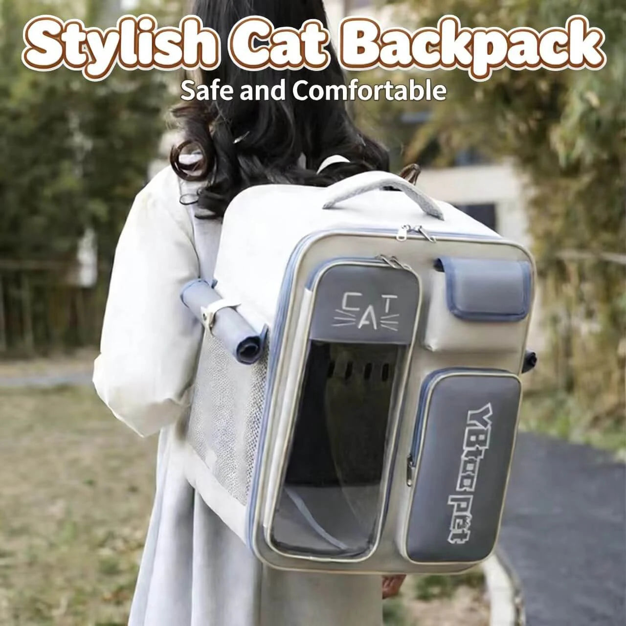 Ventilated Pet Carrier Backpack - Clear Window, Durable, Beige & Blue