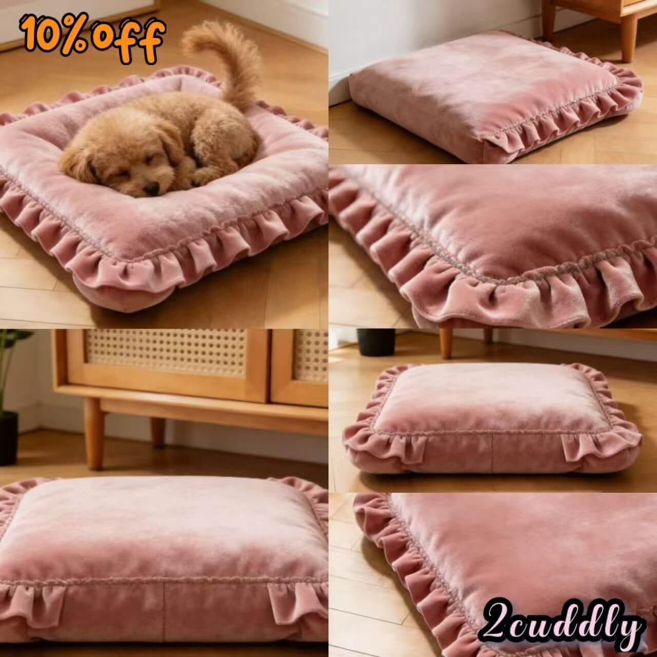 Luxurious Pet Bed for Dogs - Pink Velvet, Ruffled, Smooth Surface, Easy to Clean