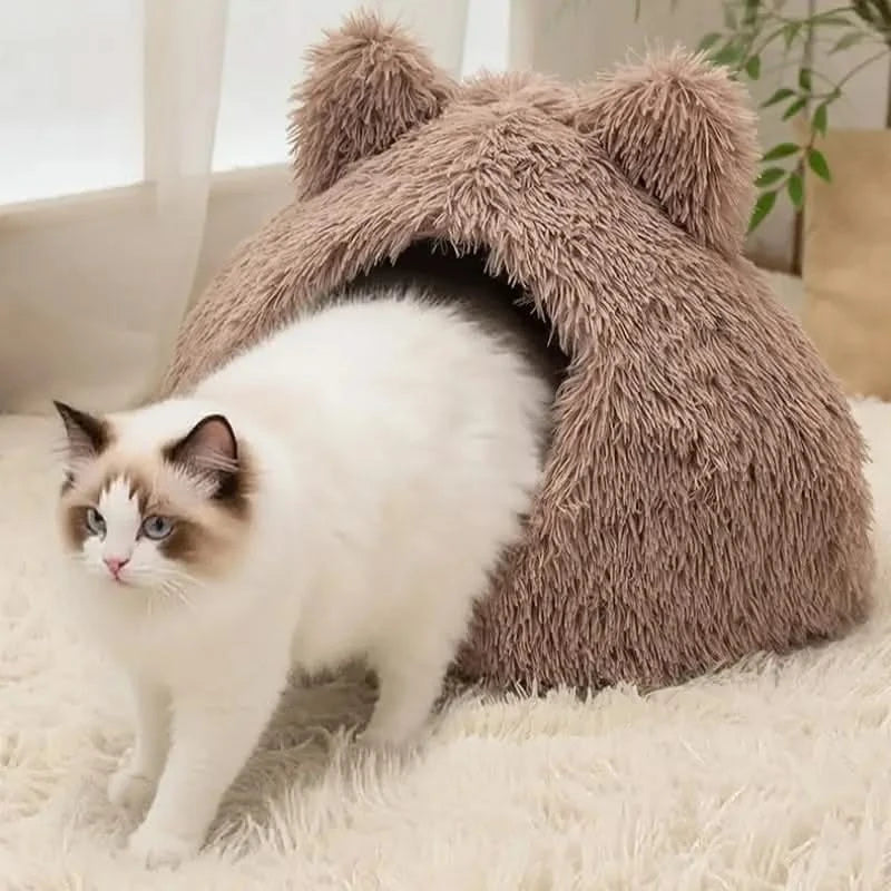Cozy Plush Cat Cave Bed for Indoor Cats, Self-Warming Washable Cushion