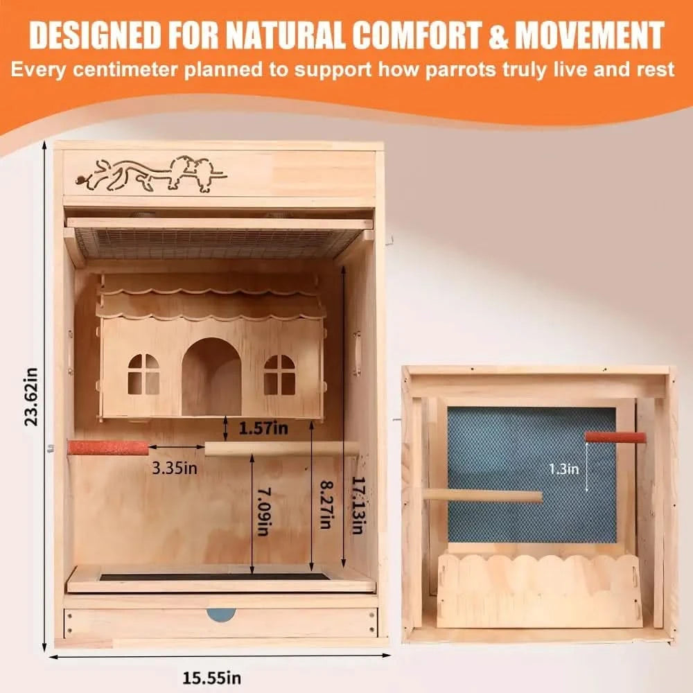 Cozy Heated Wooden Bird Habitat Cage with Thermostat for Parrots & Small Birds