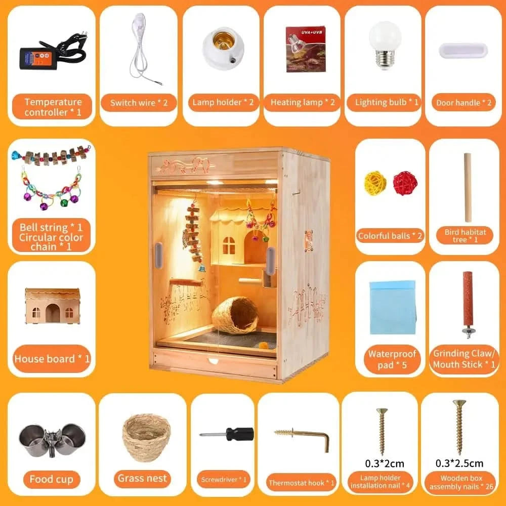 Cozy Heated Wooden Bird Habitat Cage with Thermostat for Parrots & Small Birds