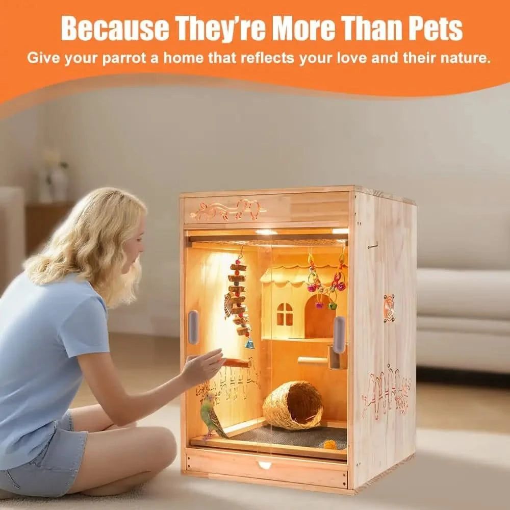 Cozy Heated Wooden Bird Habitat Cage with Thermostat for Parrots & Small Birds