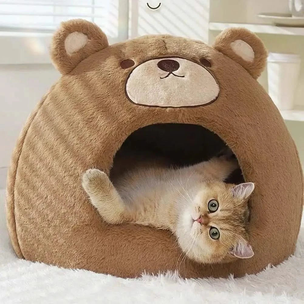 Cozy Bear Cat Cave Bed for Indoor Cats, Soft Calming Washable Pet Hideaway